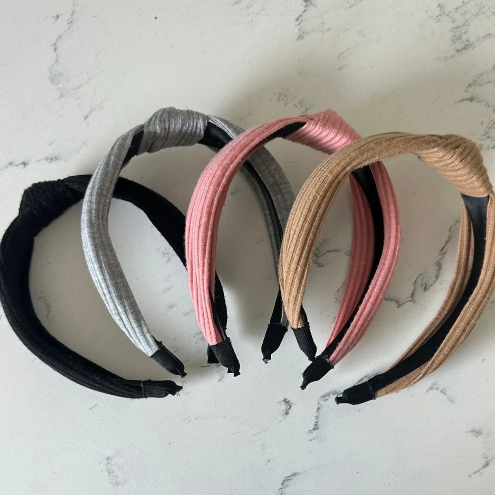 Set of Four Knotted Headbands in Black, Gray, Pink, and Tan